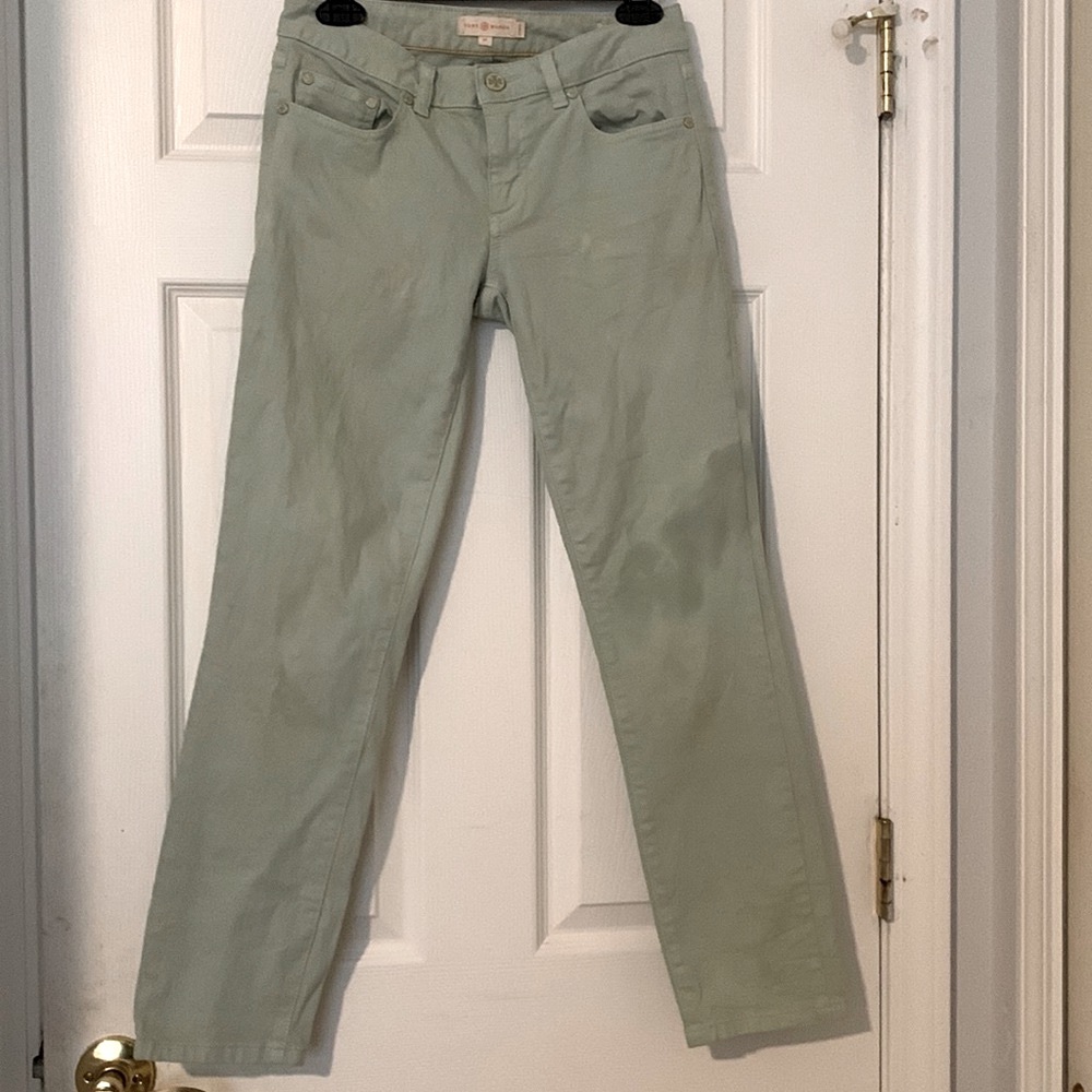 TORY BURCH, “sea foam” velvety soft! Cropped skinny, n25” waist,  3” zipper